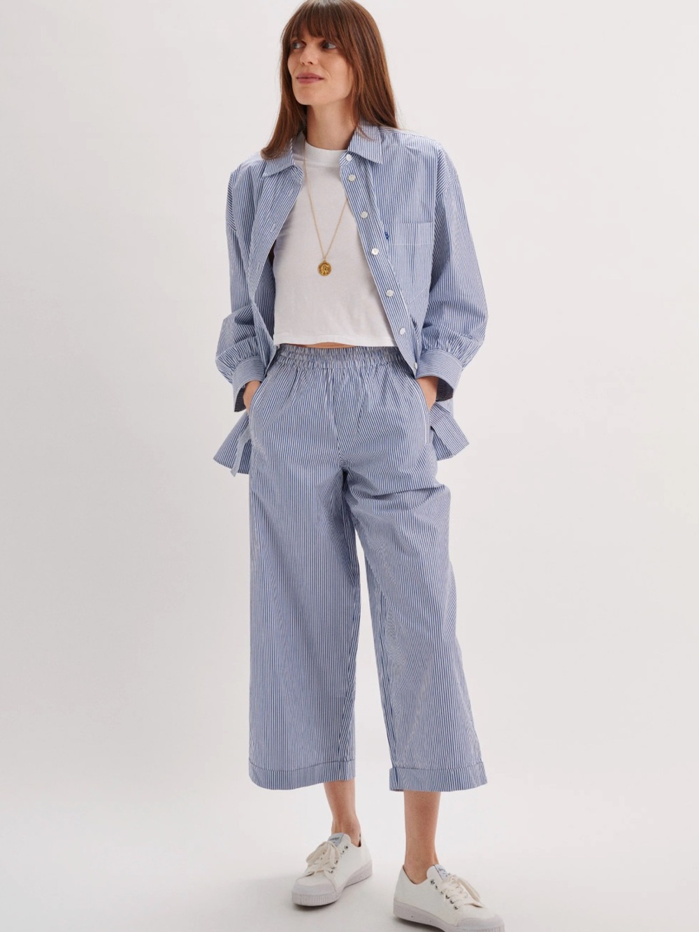 Suzie Kondi Finance Pants in Cotton Poplin Blue and White Size Small
